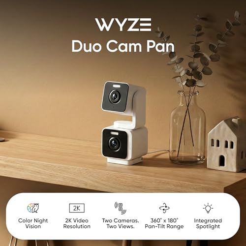 WYZE Duo Cam Pan Indoor/Outdoor IP65 2K 360° Pan/Tilt Smart Home Security Camera with Color Night Vision, Compatible with Alexa & Google Assistant, White