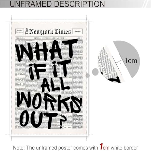 Drimiler Retro Black And White Newspaper Poster What If It All Works Out Canvas Wall Art Positive Affirming Quote Minimalist Prints Painting For Home Bedroom Dorm Wall Decor 8x12in Unframed