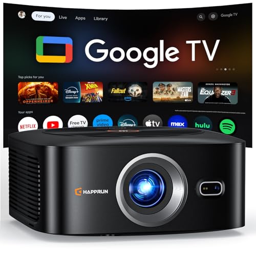 HAPPRUN 1500 ANSI 4K Decoding Outdoor Projector with Official Google TV | Smart Projector with WiFi and Bluetooth, Auto Focus & Keystone, Dolby Audio, Portable Home Theater for Indoor & Outdoor Movie