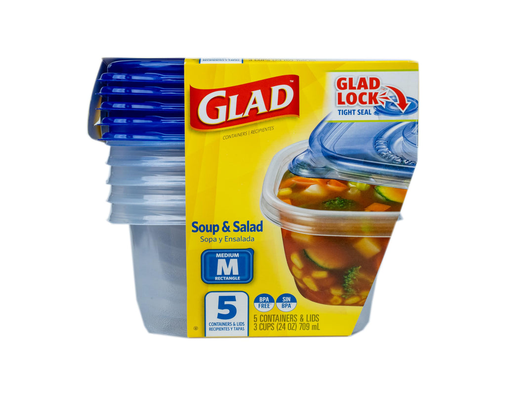 Glad GladWare Medium Rectangle Food Storage Containers, 24 Oz, 5 Count | Airtight, leak-resistant containers for soups, salads, and meal prep, microwave, dishwasher, and freezer safe