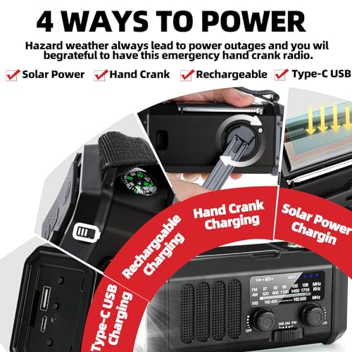 Emergency Weather Radio with NOAA Alert, Portable Solar Hand Crank AM/FM | 10000mAh Rechargeable Battery for Power Outages, 3Way Powered, 3-Mode LED Flashlight & Reading Lamp, SOS, Cell Phone Charger