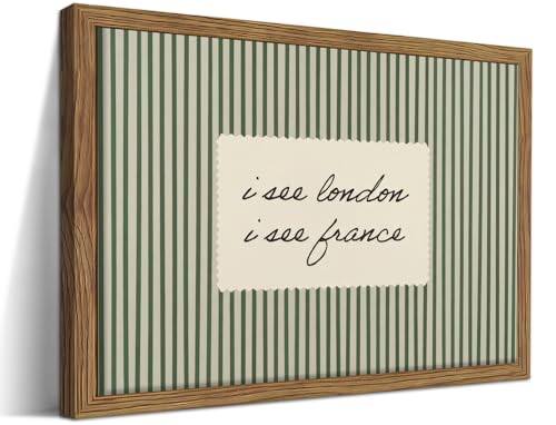 Vintage Quote Wall Art, I See London I See France Funny Bathroom Wall Decor Painting, Minimalist Green Striped Canvas Print Picture for Bathroom Bedroom Living Room 12x16 Inch Framed