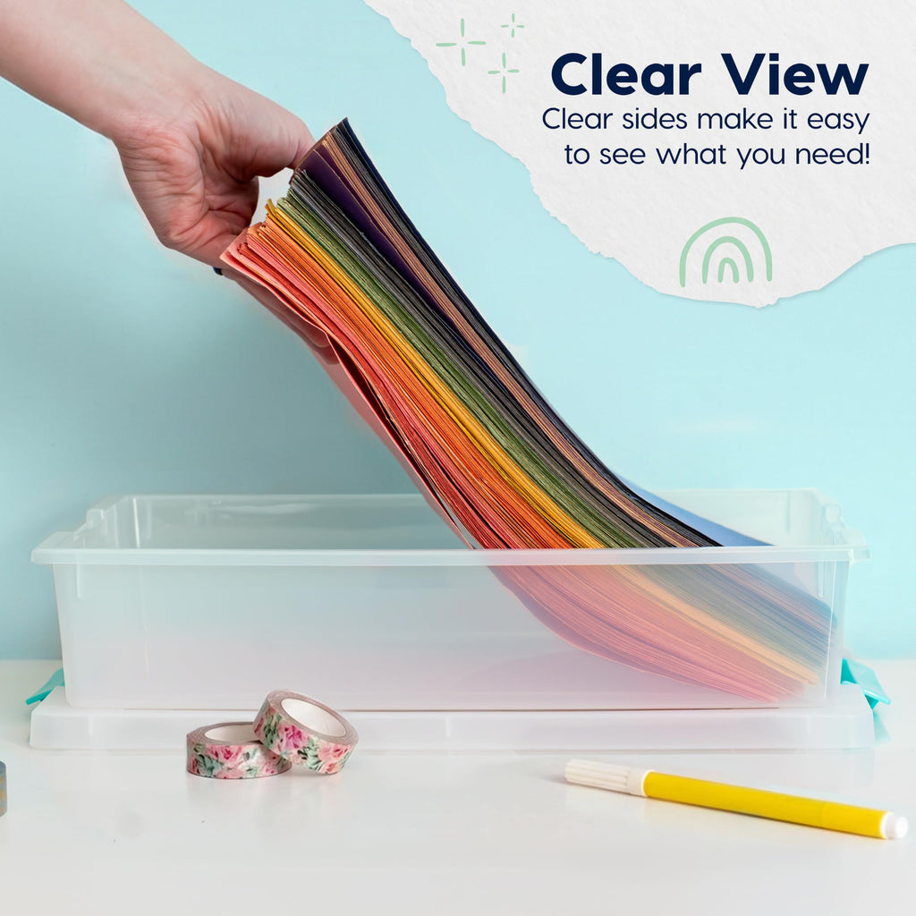 IRIS USA Storage Bins with Lids |Made in USA| 6 Qt - (4-Pack) - Clear | 14"L x 11"W x 3.25"H - Sensory Craft Organizers, Plastic Clip Box Totes, Containers for Paper, Office, Art & Study Supplies