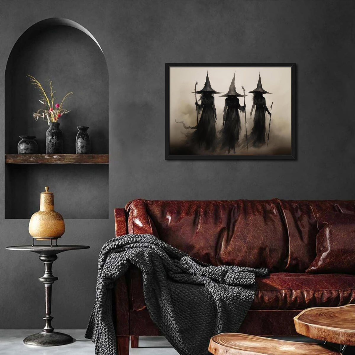 Framed Vintage Witch Canvas Wall Art - Halloween Witchy Wall Decor - Gothic Decor Aesthetics, Creepy Three Witches Rustic Macabre Dark Artwork Prints for Living Room Bedroom 12x16 inch