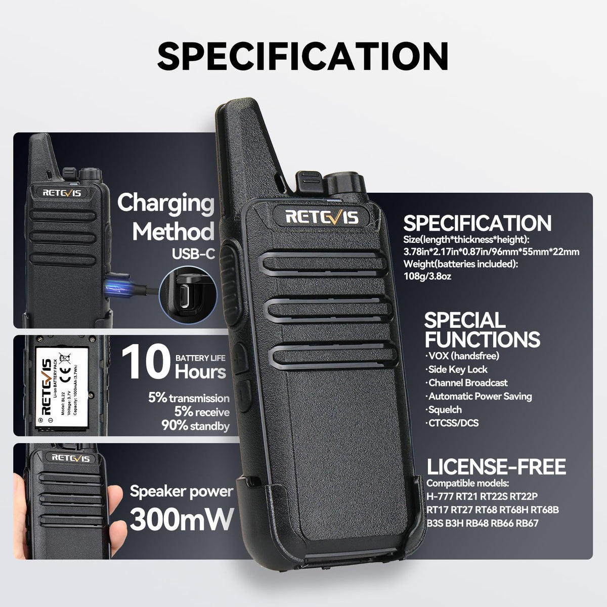 Retevis RT22 Commercial FRS Walkie Talkies Rechargeable Long Range (6 Pack) | Slim & Lightweight 2 Way Radio, For K-12 & Retail, Comfortable for All-Day Wear, Loud & Clear Audio, Charge 6 Radios At Once