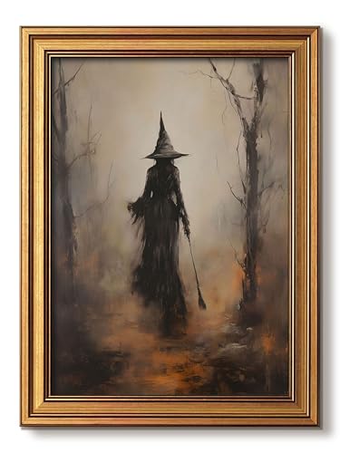 Gold Framed Halloween Wall Art, Vintage Witch Pictures Wall Decor | Spooky Forest Canvas Prints, Gothic Dark Academia Paintings Artwork for Halloween Living Room Bedroom 8x10 Inch