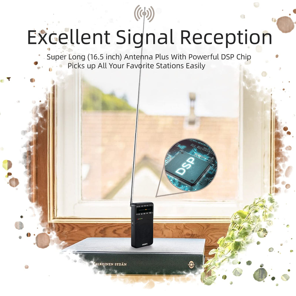 PRUNUS J-166 Portable Radio AM FM, Battery Operated Radio | Tuning Light, Back Clip, Layard, Excellent Reception, AM FM Radios Portable, Transistor Radios