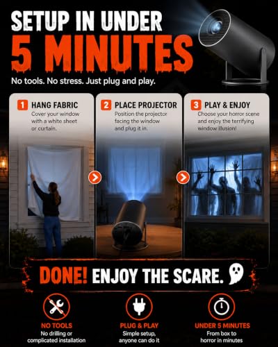 Scary Decorations Halloween Window Projector，black：With Effect fabric | Built-In Horror Videos, Scenes with Easy Setup, Wifi Streaming, Bluetooth Speaker, 210° Rotation & Auto Keystone Correction