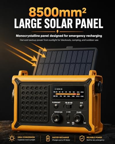 Emergency Radio with Hand Crank & Solar, NOAA Weather Band, AM/FM, 12000mAh | 8500mm² Solar Panel, Clear AM/FM Reception, 5W Flashlight & Reading Light, 120dB SOS, Phone Charging for Hurricanes & Outages