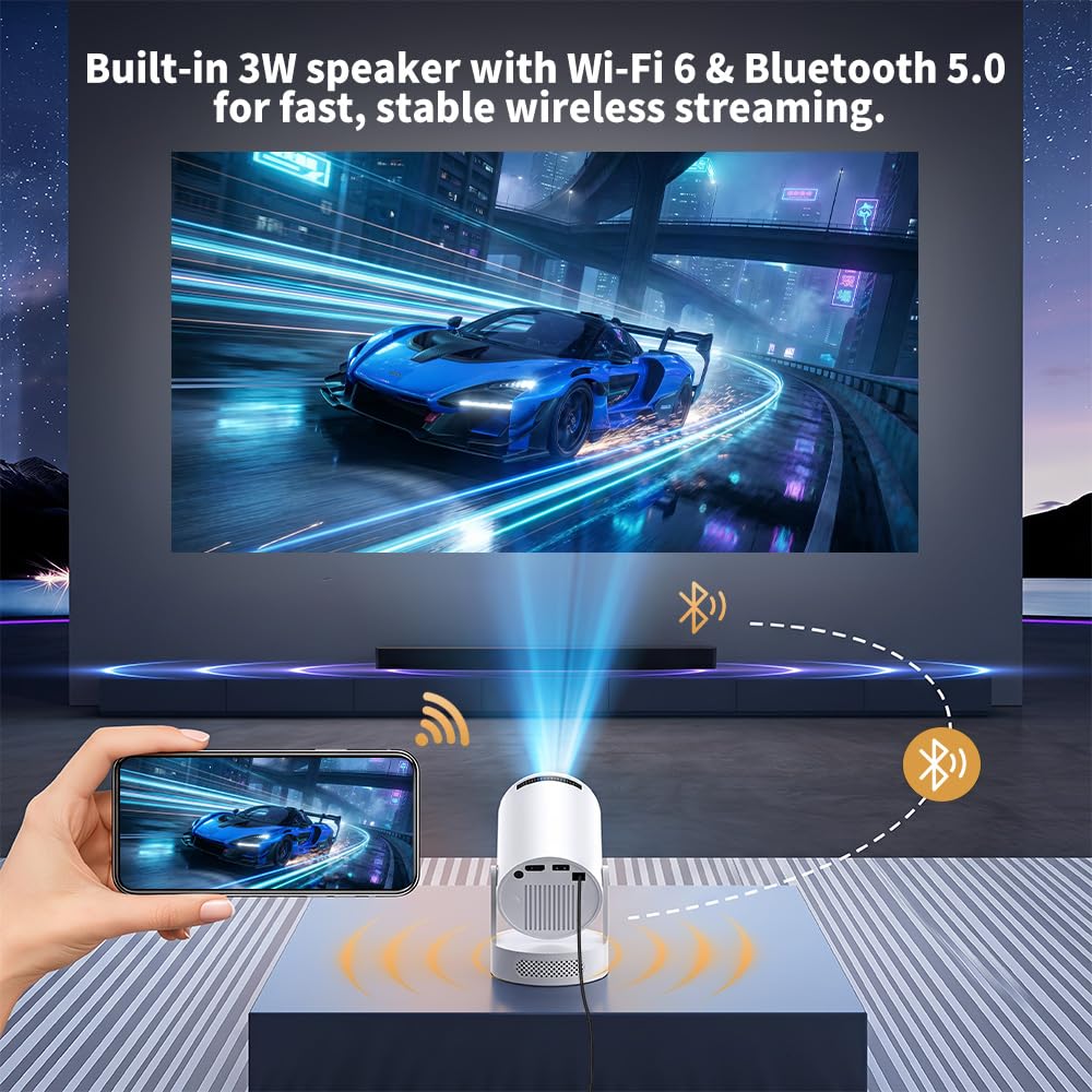 Mini Projector with WiFi and Bluetooth, Portable Projector Support 5w Soundbase Speaker, 170 ANSI, Auto Vertical Keystone, 180° Rotation Smart Projector Proyector for Home Bedroom Outdoor, HY300 Ultra