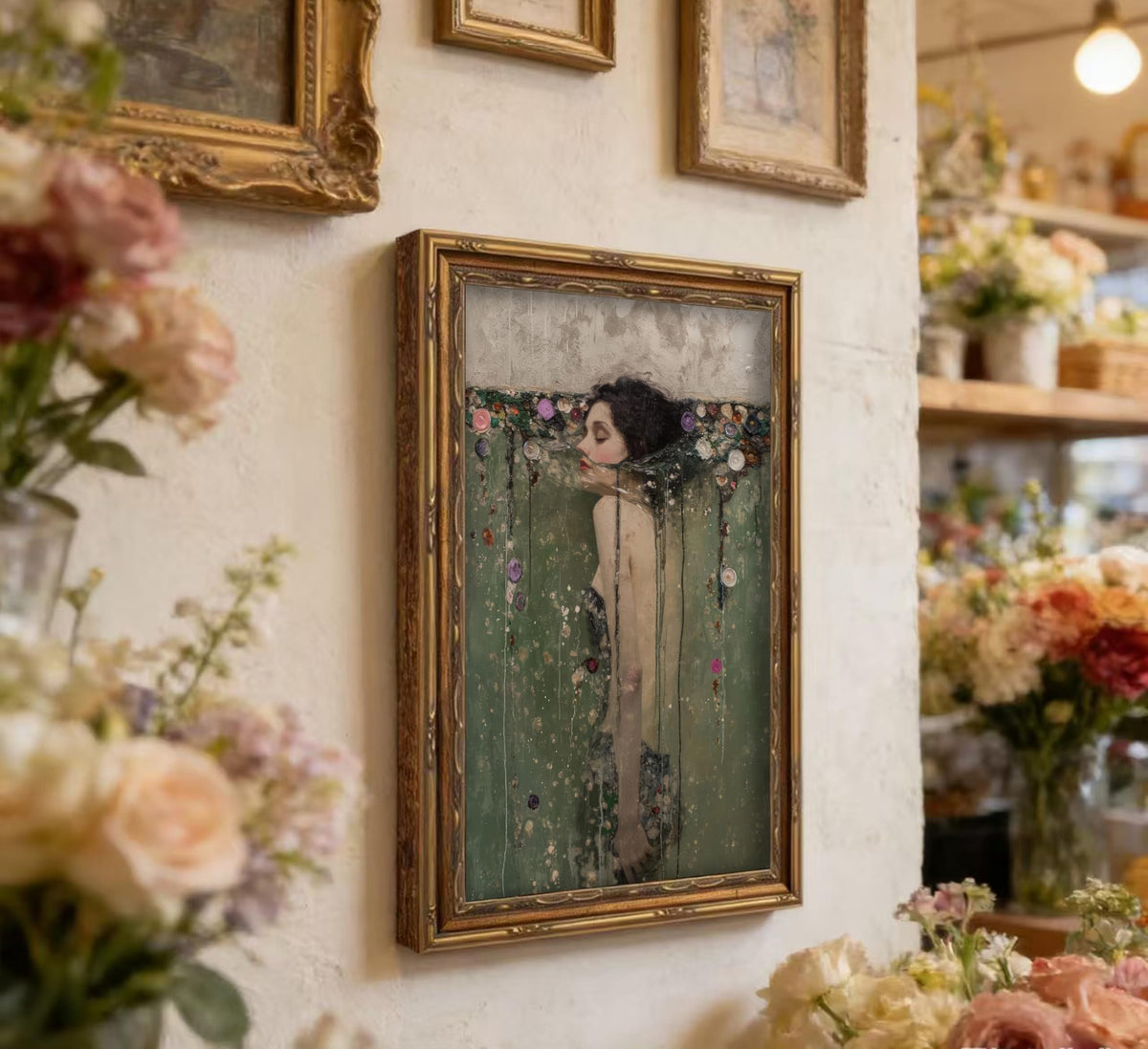 Vintage Gold Framed Ophelia Wall Art, Romantic Victorian Gothic Oil Painting Canvas Print, Dark Academia Wall Decor, Antique Woman Portrait Picture, Moody Floral Poster Artwork for Living Room Bedroom