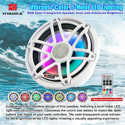 H YANKA HMS-65 6.5 Inch Marine Speakers, Waterproof, 750W, 7Color LED, Pair | 2‑Way marine‑grade coaxial speaker, IP67, salt‑UV resistant for durable long‑lasting use, for boats, utv, atv.