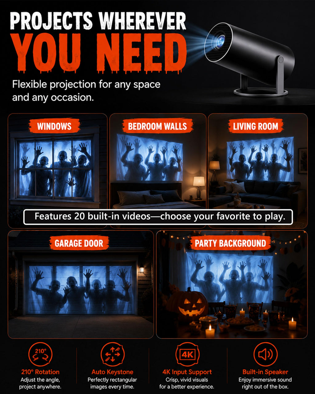 Scary Decorations Halloween Window Projector，black：With Effect fabric | Built-In Horror Videos, Scenes with Easy Setup, Wifi Streaming, Bluetooth Speaker, 210° Rotation & Auto Keystone Correction