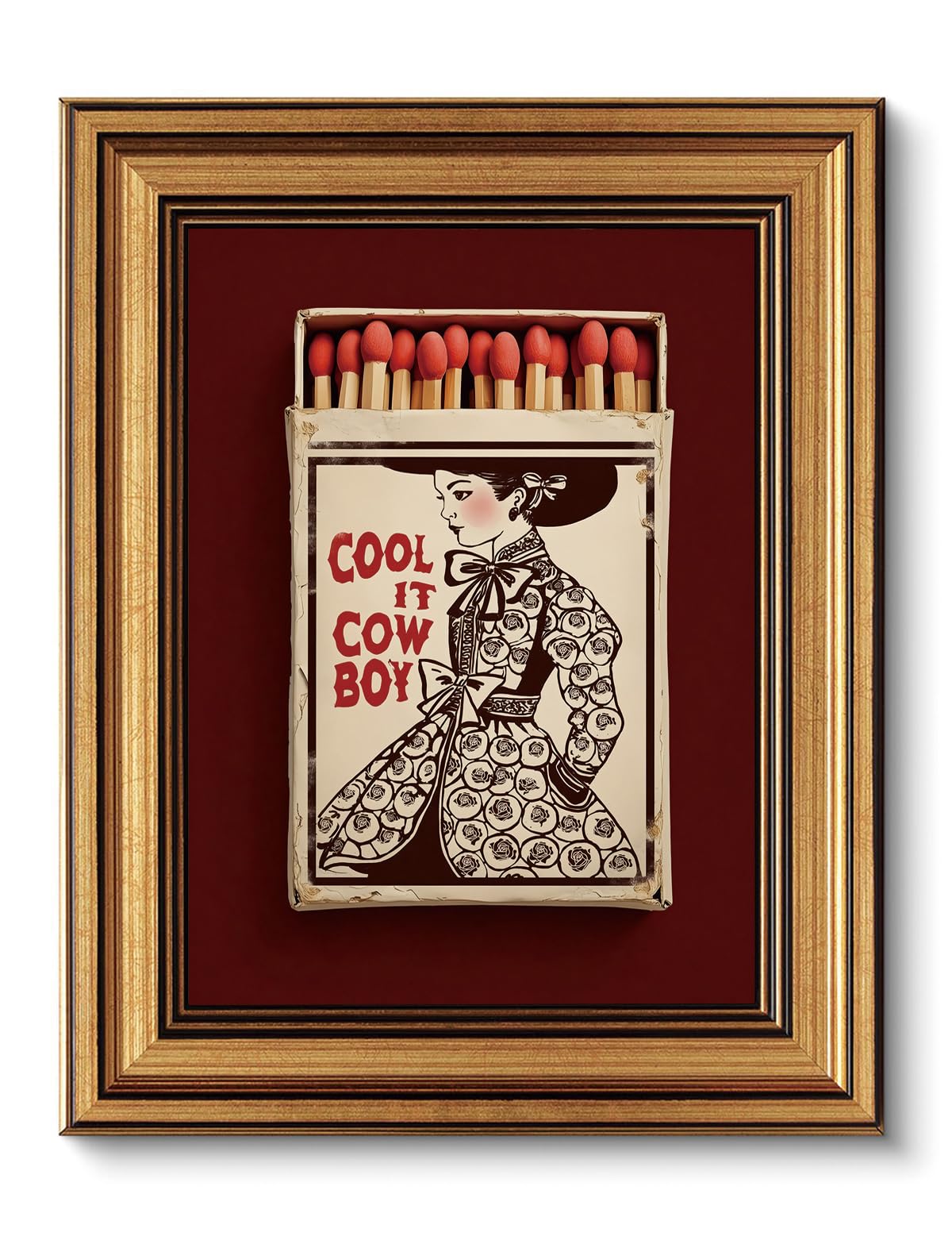XJYISUO Vintage Gold Framed Wall Art Western Cowboy Wall Decor Southwestern Cowgirl Canvas Art Red Matchbox Pictures Burgundy Paintings Trendy Artwork for Living Room Bedroom Dorm