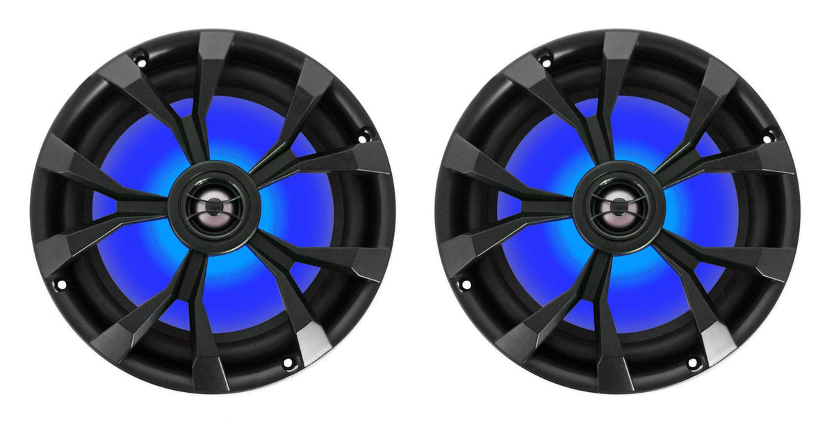 Rockville RKL80MB 8" Black 2-Way Marine Boat LED Speakers Pair | 900W Peak / 200W RMS, 4 Ohm, IP66 Waterproof, Red/Blue Beat-Sync LEDs, 40Hz-20kHz, Includes 16.4 Ft Wire and Grilles