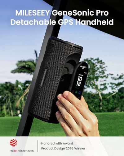 MILESEEY GeneSonic Pro Golf GPS Speaker with 43K+ Courses No-Subscription | Detachable GPS Handheld Rangefinder, MagLock, Color Touchscreen, Visual & Audible Yards, Layup/FCB/Hazard, 15H Battery, IP67