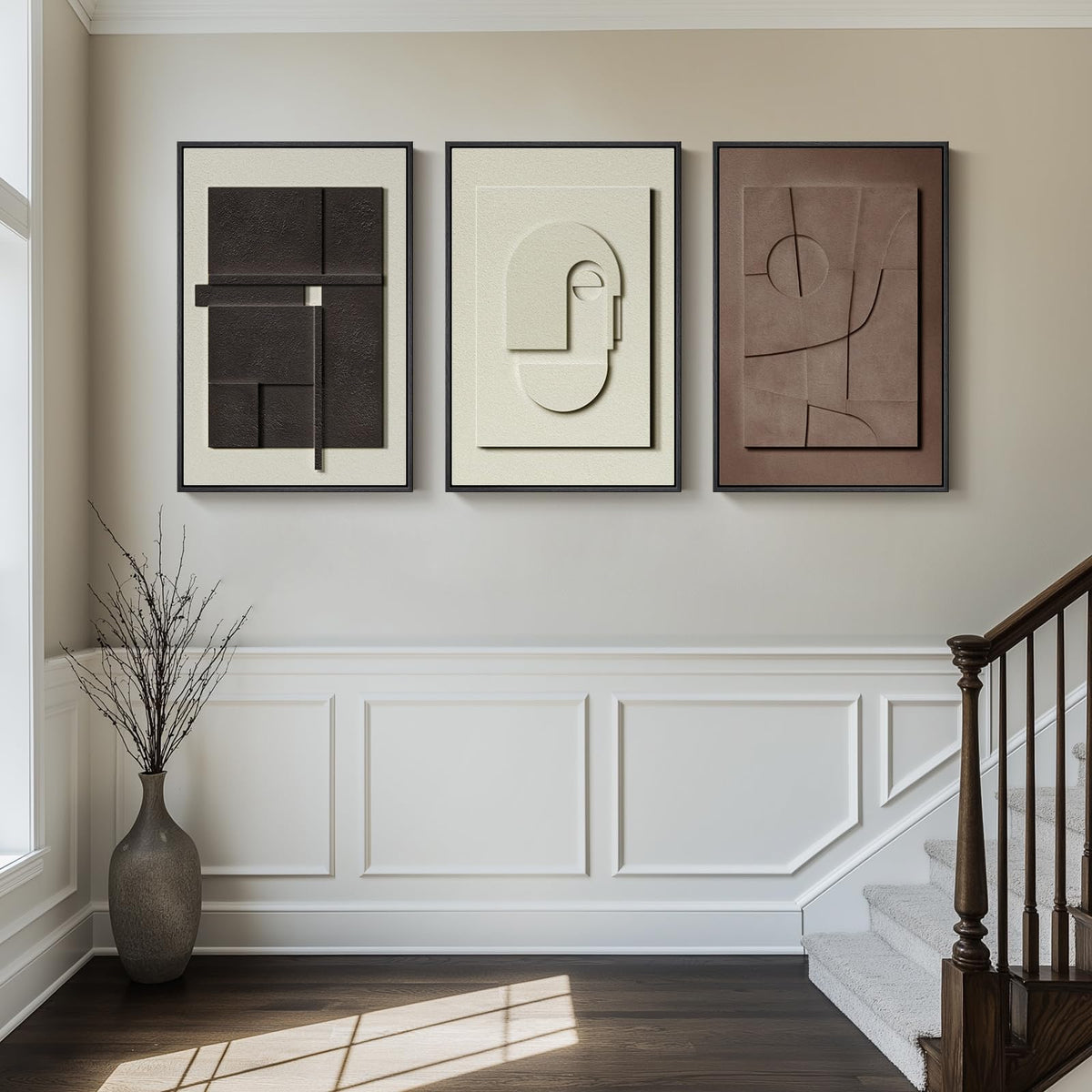 3D Large Framed Brown Abstract Wall Art for Living Room, 3Piece 24x36 In | Solid Wood Frames, Sandstone Textured Artwork for Walls, Black White Geometric Sculptural Pictures Wall Decor Bedroom Office