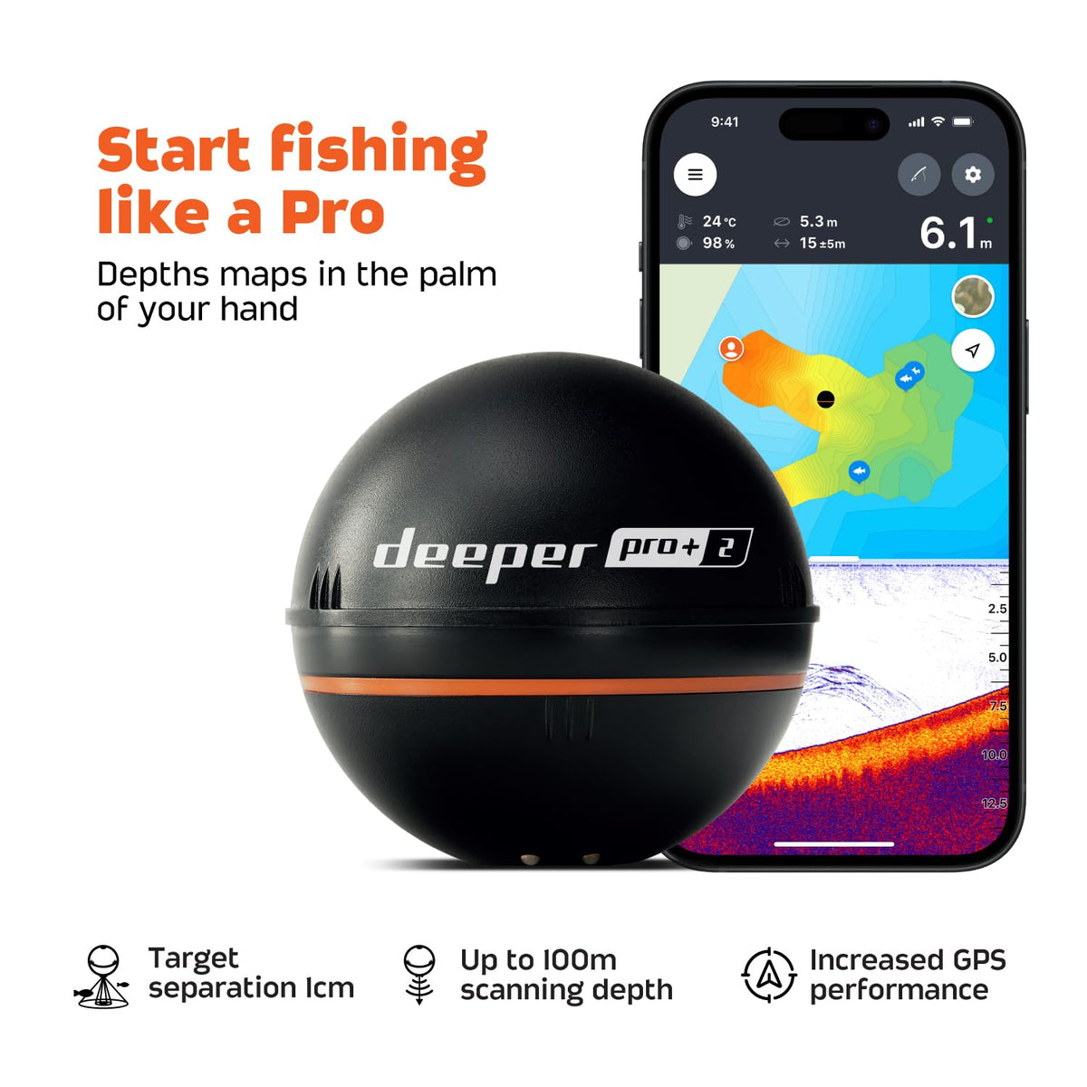 Deeper PRO+ 2 Sonar Fish Finder - Portable Fish Finder and Depth Finder For Kayaks, Boats and Ice Fishing with GPS Enabled | Castable Deeper Fish Finder with FREE User Friendly App