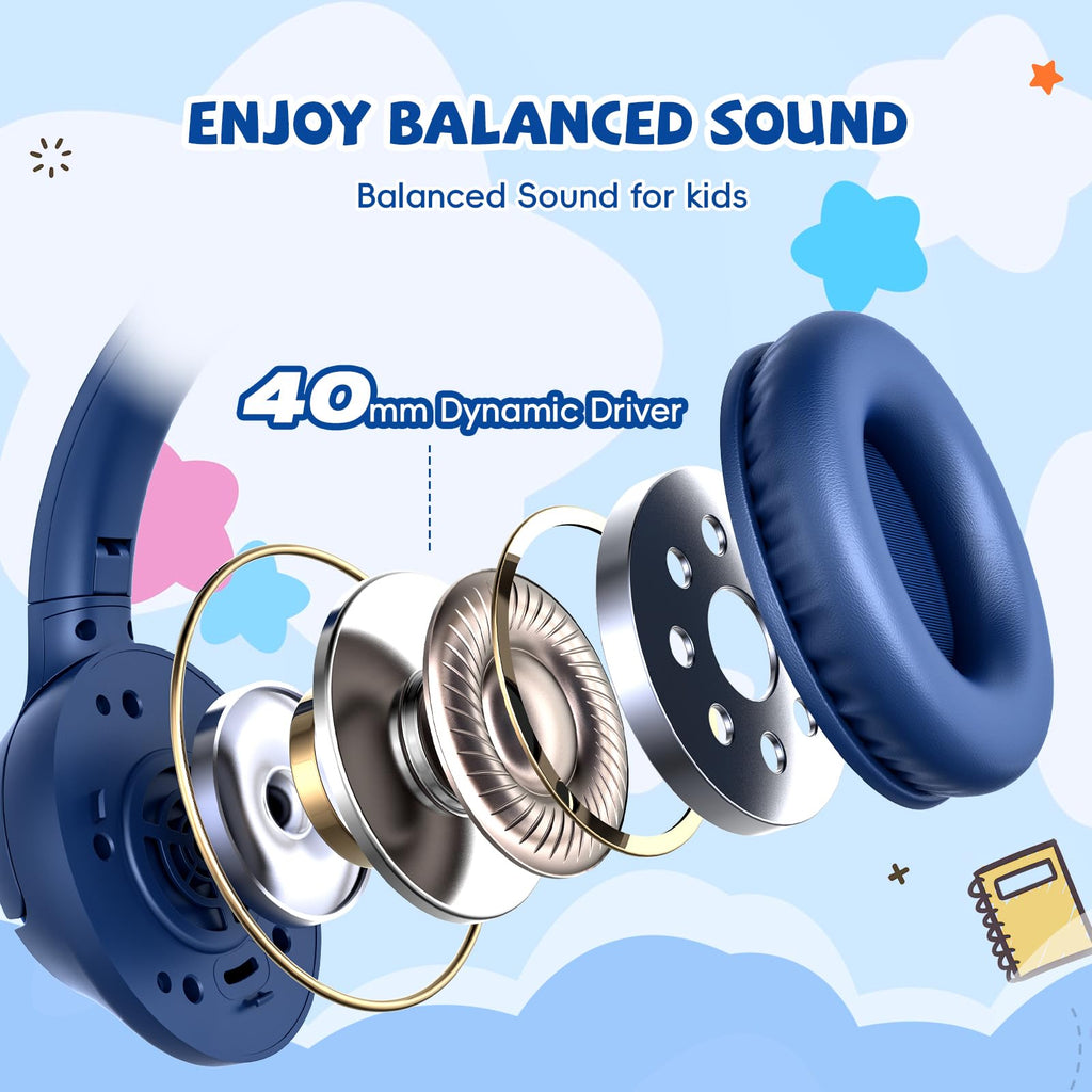 Kids Headphones Wired for School, 3.5mm Safe Volume Limited with Mic, Navy | Plug in Kid headphones with Cord, Over Ear Foldable, 85/94dB for Toddler Boy Girl Classroom Chromebook Tablet Airplane Travel
