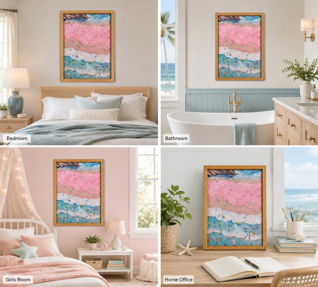 Framed Pink Coastal Canvas Wall Art,Girl Beach Surfers Picture Wall Decor | Summer Poster Print Artwork,for Bedroom Bathroom Girls Room Home Decoration 12x16 inch