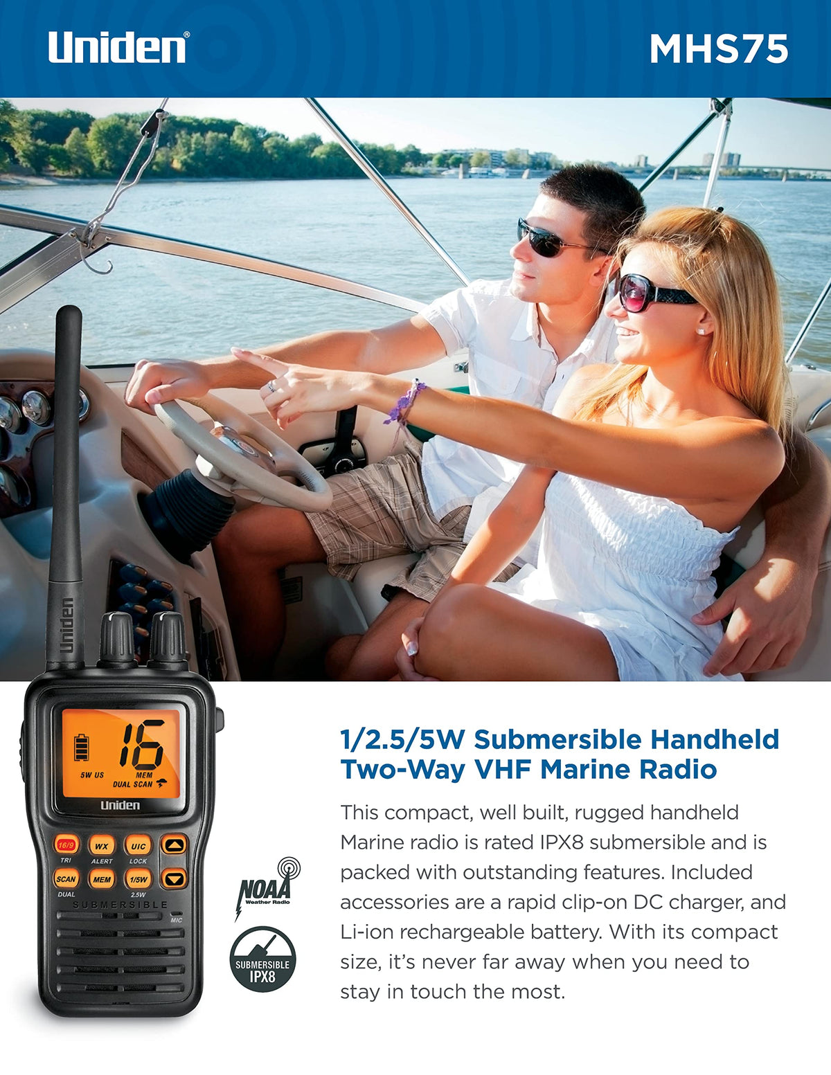 Uniden MHS75 Waterproof Handheld 2-Way VHF Marine Radio, Submersible, Selectable 1/2.5/5 Watt Transmit Power. All USA/International and Canadian Marine Channels.