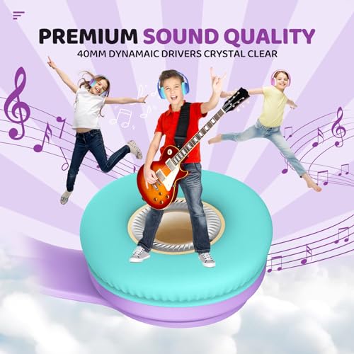 JoySpark Kids Bluetooth Headphones Over-Ear, 60Hrs, Built-in Mic-Purple | 85/94dB Volume Limited, Bluetooth 5.3, Stereo Sound, Lightweight Kids Wireless Headphones for Kids Toddler Travel School