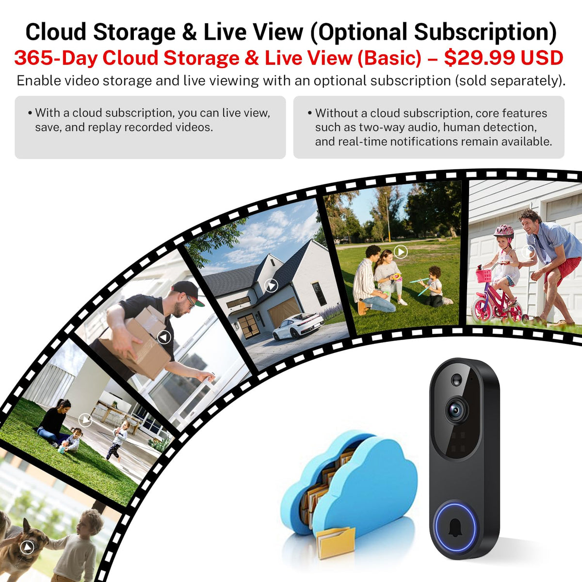 Orbitell 1080p Wireless Wi-Fi Video Doorbell Camera with Two Way Audio, Night Vision, Cloud Storage, Smart AI Motion Detection, Support 2.4GHz Wi-Fi only