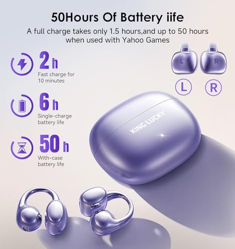 Kinglucky Clip-On Earbuds Gen 3, Open-Ear Wireless Bluetooth 6.0 Headphones with Mic, Secure Fit for Small Ears & Glasses Wearers, 50H Playtime, ENC, IPX5 Waterproof Sport Ear Buds (Purple)