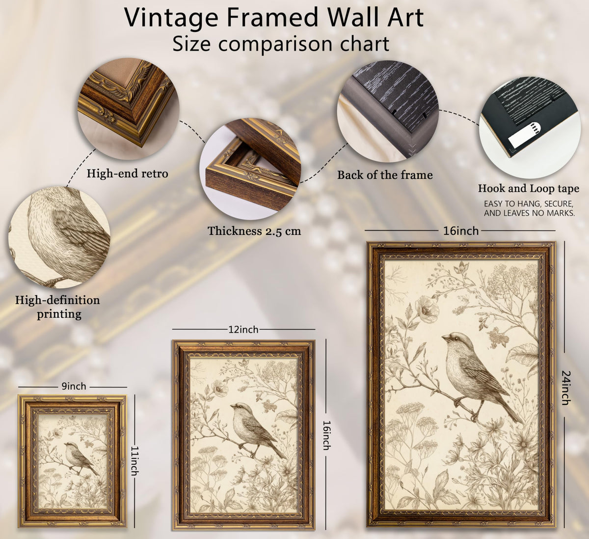 Vintage Gold Framed Bird Canvas Wall Art Retro Farmhouse Sparrow Painting Picture Wall Decor Rustic Floral Botanical Poster Print Artwork for Living Room Bedroom Home Decoration