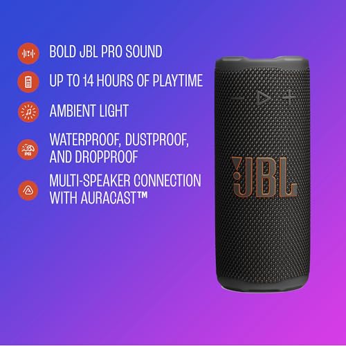 JBL Grip Portable Bluetooth Speaker, Waterproof, Ambient Light - Black | Up to 14 Hr Playtime, AI Sound Boost, IP68 Waterproof And Dustproof, Drop-Proof, App Control, Ideal For Outdoor And Travel