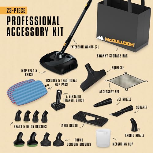 McCulloch MC1385 Canister Steam Cleaner, For Grout and Tile, 23 Accessories | Mop Head, Brushes & More - Built for Home, Tile, Carpet, Furniture, & Personal Car Detailing