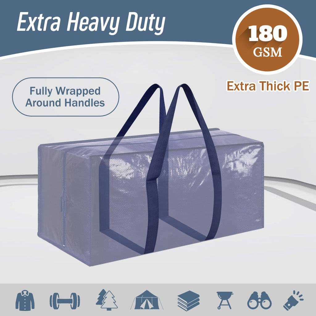 6 Pack Extra Heavy Duty Large Moving Bags with Strong Zipper, Dark Blue | Comfortable Handles, Sturdy & Durable Clothes Storage Bags Totes Bins, Blue Packing Moving Boxes for College Supplies