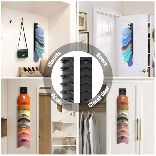 Hat Organizer for Baseball Cap 2Pack, Hold up to 20 Hat Adhensive for Wall | Hat Rack Hanger Display for Door Closet, Cap Organizer Storage Multilayer Adhesive or Screw Mount, Space-Saving Design-Black