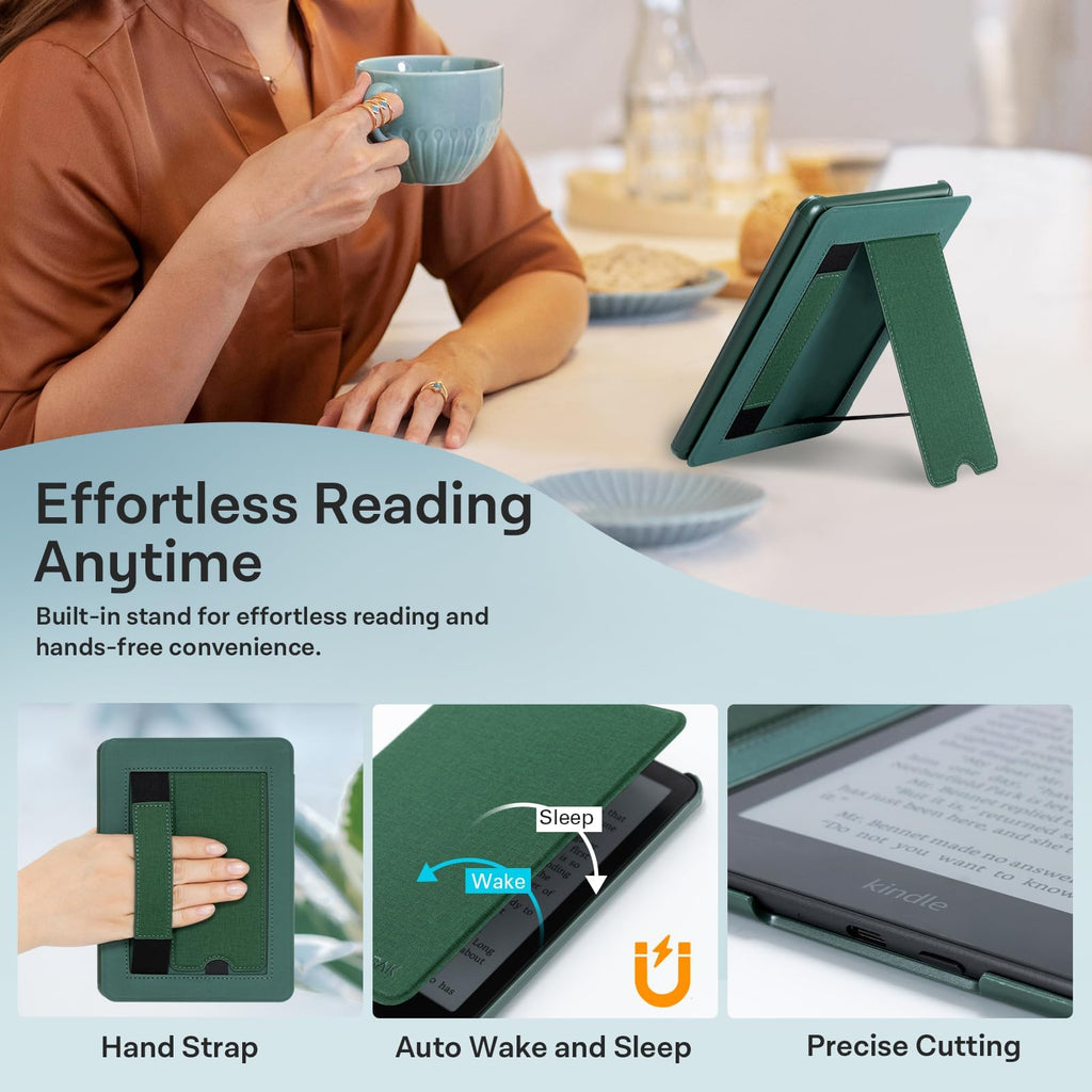 CoBak Stand Case for 7" Kindle Paperwhite & Kindle Colorsoft 12th Gen 2024 | Lightweight Stand with Right Hand Strap, Compatible with iPhone MagSafe and Other Wireless Charging Pads, Dark Green