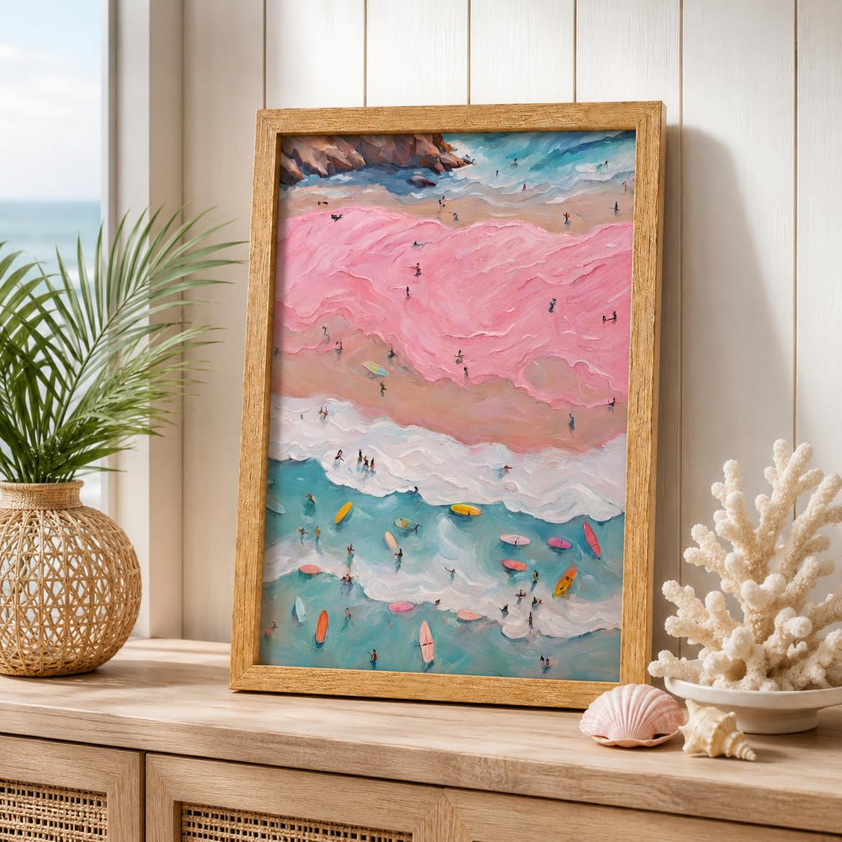 Framed Pink Coastal Canvas Wall Art,Girl Beach Surfers Picture Wall Decor | Summer Poster Print Artwork,for Bedroom Bathroom Girls Room Home Decoration 12x16 inch