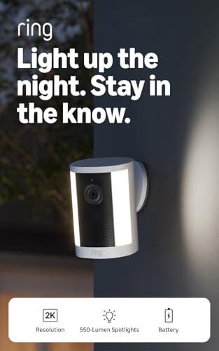 Ring Spotlight Cam 2K (newest model), Battery, Home or business security, Wide-Angle Retinal 2K Video, 6x Enhanced Zoom, Motion-Activated Spotlights, White