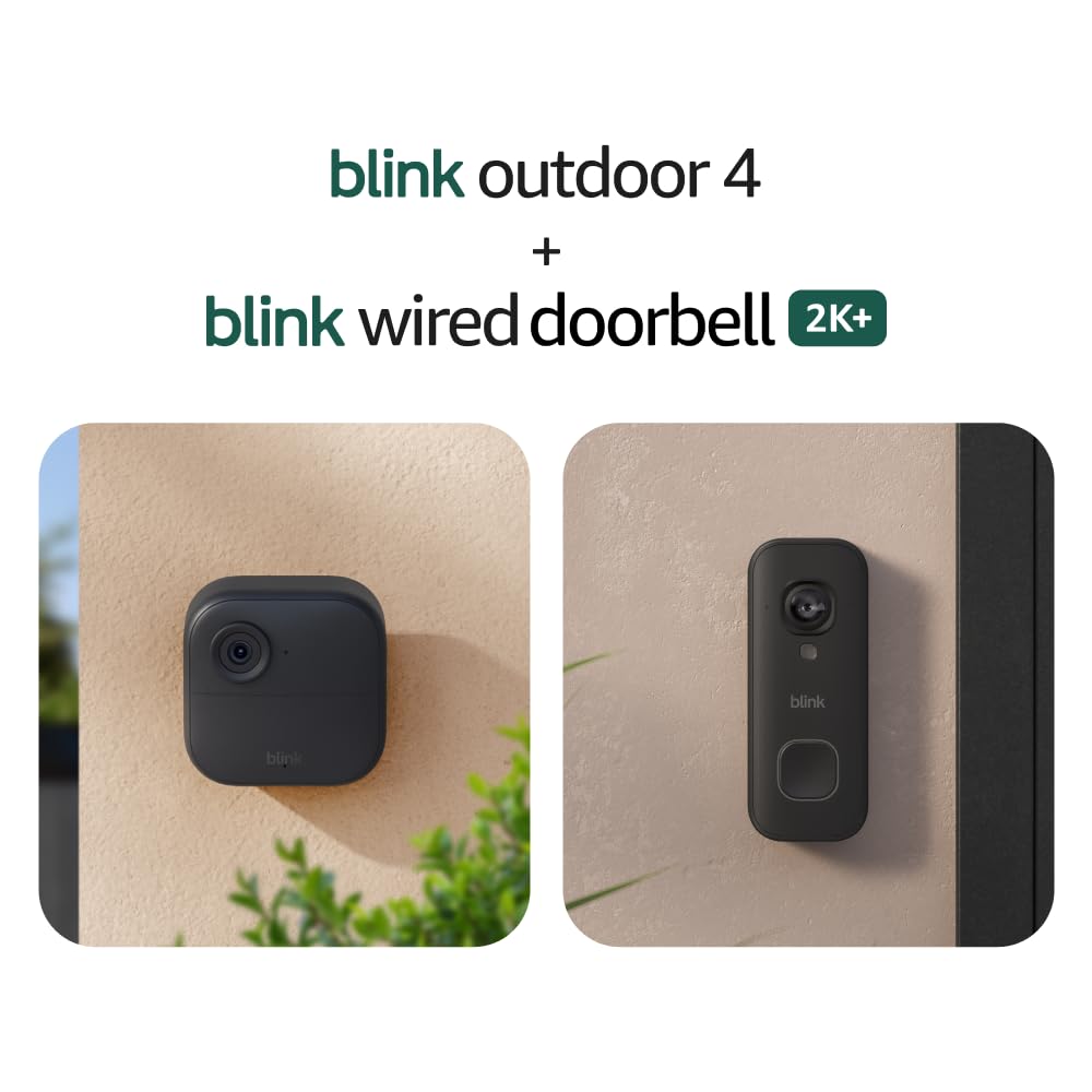 Blink Outdoor 4 and Wired Doorbell 2K+ (newest model) — Two-year battery 1080p camera and 2K hardwired doorbell. Sync Module Core included — 1 Camera + Doorbell (Black)