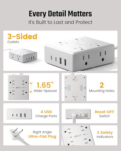 SUPERDANNY Extension Cord,Flat Plug Surge Protector Power Strip,10Ft | 8 AC & 4 USB Ports (2 USB C),Surge Protector with 1050J,Desk Charging Station for Home Office,College Dorm Room Essentials