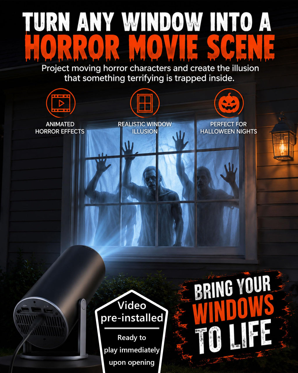 Scary Decorations Halloween Window Projector，black：With Effect fabric | Built-In Horror Videos, Scenes with Easy Setup, Wifi Streaming, Bluetooth Speaker, 210° Rotation & Auto Keystone Correction