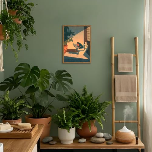 Funny Frog Bathroom Wall Art, Cute Japanese Frog in Toilet Wall Decor, Whimsical Green Animal Restroom Poster Canvas Painting Prints Artwork 12x16 inch Framed