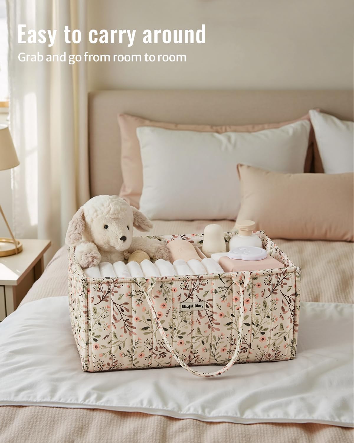 Blissful Diary Floral Diaper Caddy Organizer Storage Basket, Pastoral Daisy | Portable Storage Basket with Removable Dividers, Gift for Baby Shower, Newborn Boy & Girl Essentials, Baby Registry Must Have
