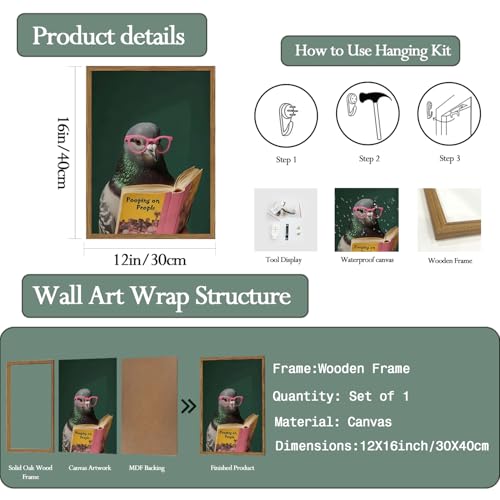 Framed Funny Pigeon Wall Art, Humorous Bird Reading Wall Decor Paintings, Pooping on People Book Pictures Canvas Print Eclectic Home Decor for Bathroom Living Room Office Dorm 12x16 inch