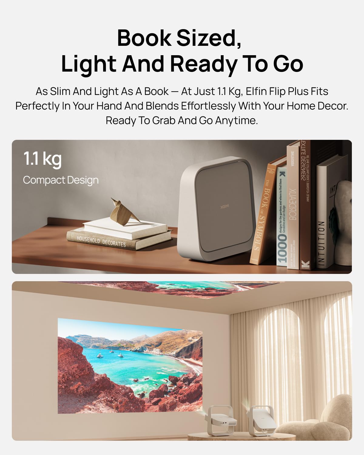 XGIMI Elfin Flip Plus Portable Projector, 500 ISO Lumens, Adjustable Stand | Google TV with Licensed Netflix, 1080P Resolution Home Projector, Lightweight and Compact Design, Screen Adaption