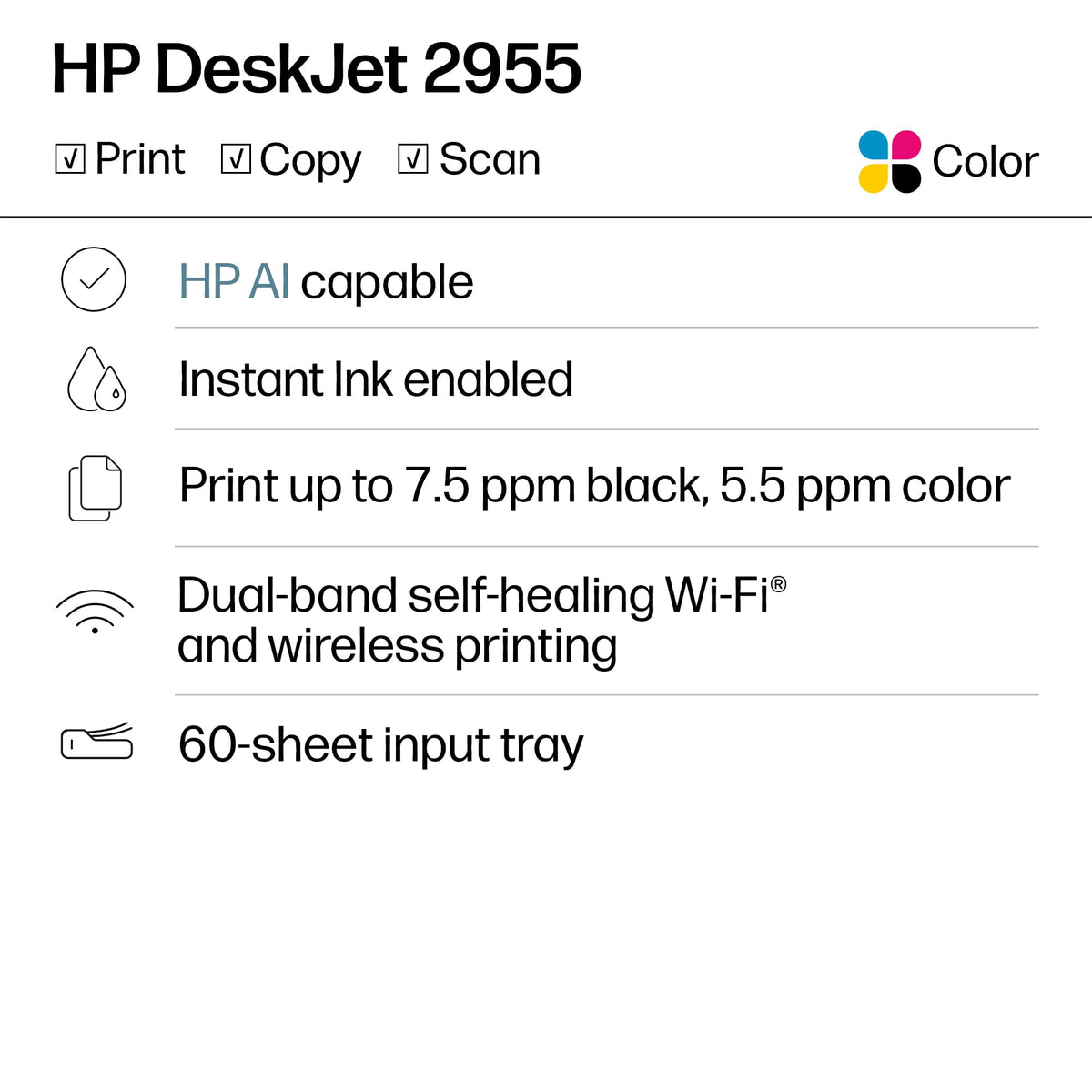 HP DeskJet 2955 Color Inkjet Printer | Wireless | All-in-One | Easy Home Printing | Color Documents | Mobile Compatibility | Print, Scan & Copy | Ideal for Home Use