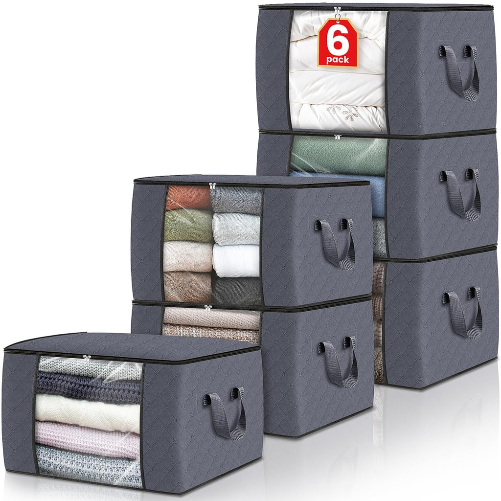 Fab totes 6 Pack Storage Bags for Clothes Blanket Storage Bins with Lids | Foldable Closet Organizers with Zippers,Window and Handles,Fabric Storage Bins for Sweater,Comforter,Bedding,Dorm essentials