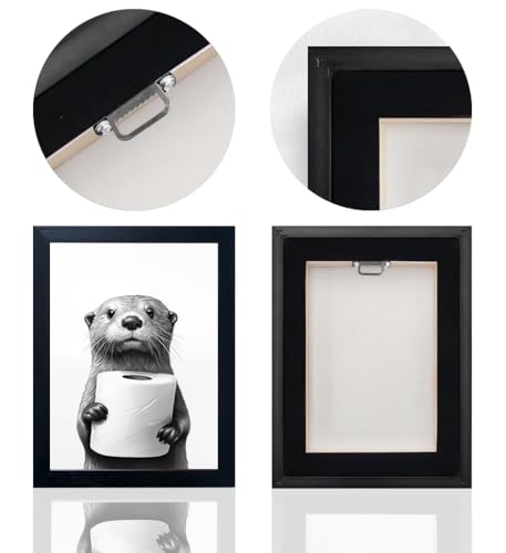 Bathroom Picture Wall Decor, Framed Black and White Bathroom Wall Art, Toilet Paper in Little Funny Raccoon's Hand Animal Canvas Print Painting