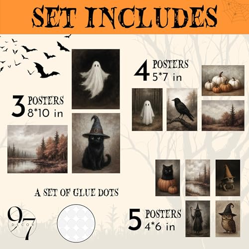 97 Decor Vintage Halloween Wall Art, Ghost and Witchy Posters, Unframed | Prints 8x10, 5x7 and 4x6, gothic ghost and black cat art, indoor fall seasonal decor, bedroom