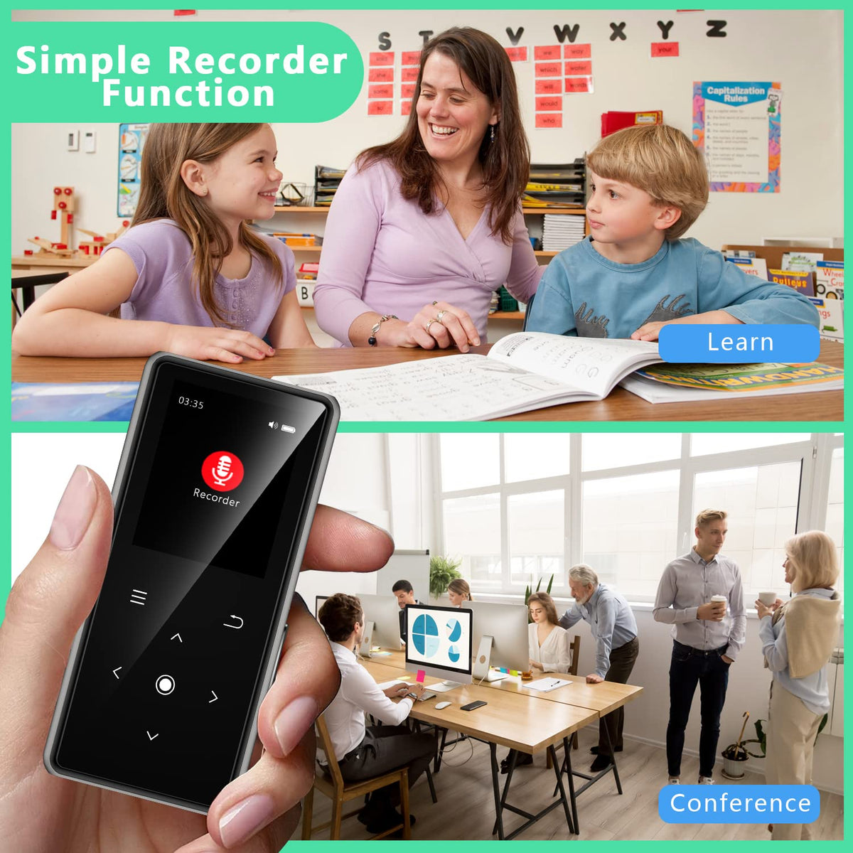 64GB MP3 Player with Bluetooth 5.2, AiMoonsa Music Player with Built-in HD Speaker, FM Radio, Voice Recorder, HiFi Sound, E-Book, Earphones Included