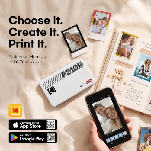KODAK Mini 2 Retro 2x3 Portable Photo Printer, 4PASS, 38 Sheets, White | Bluetooth, iPhone & Android Smartphone Compatible, Smudge-Proof, Water-Resistant, Fade-Resistant