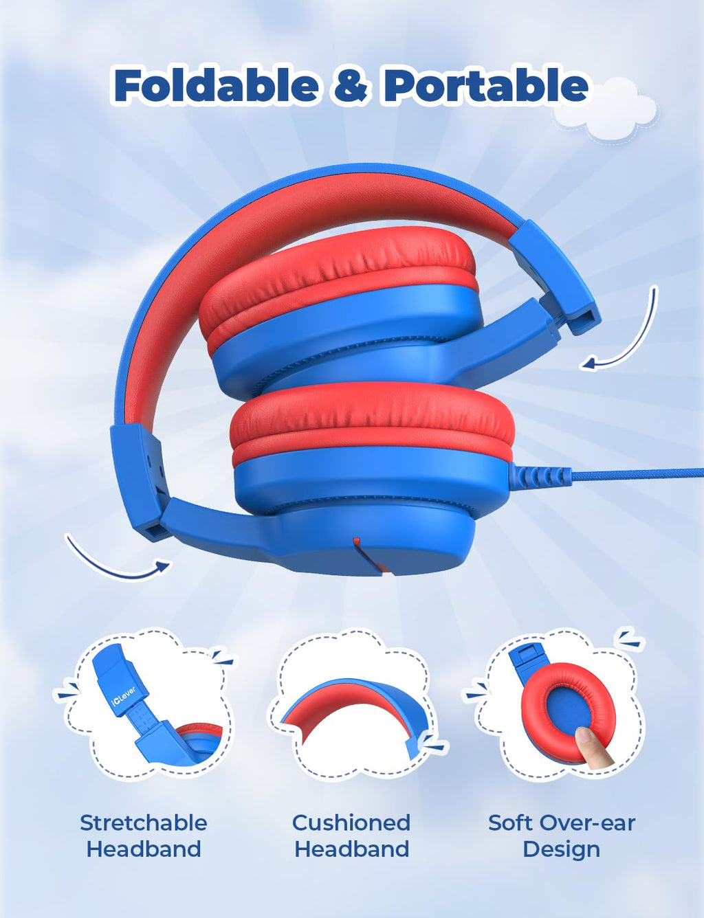 iClever HS19 Kids Headphones with Cord, Toddler Headphones for Boys Girls | SafeSound Tech, HD Mic Stereo Sound, Over-Ear Headphones for Kids, FunShare Foldable 3.5mm Wired for iPad Computer Travel